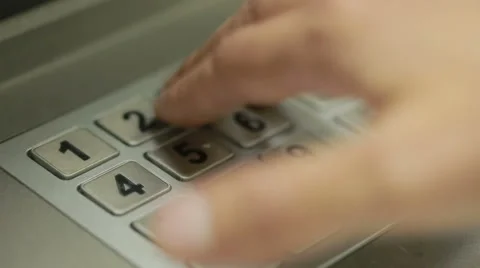 Man hand touching ATM machine. gaining password. Video stock 68379501