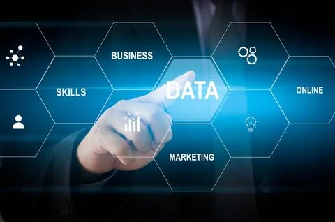 Man hand touching data word with icon business virtual screen concept. Stock Photos