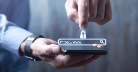 Man hand touching lock. Internet security Fotos Stock