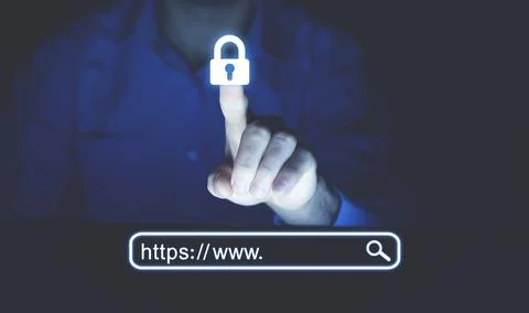 Man hand touching lock. Internet security Fotos Stock
