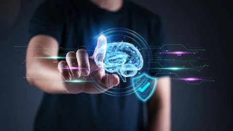 Man hand touching virtual brain and shield icon. Concept of Artificial Inte.. 库存照片