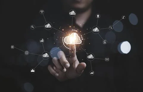 Man hand touching to virtual cloud computing with connection line and icons.. Fotos Stock
