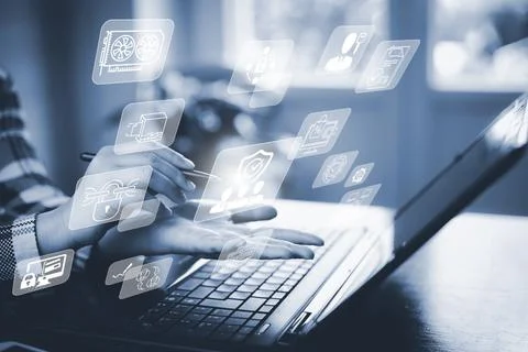 Man hand touchscreen on the graph Screen Icon of a media screen, Technology P Stock Photos