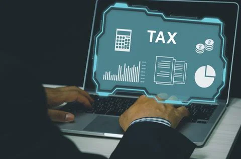 Man hand typing on computer laptop icon symbol tax virtual screen Internet Bu Stock Photos