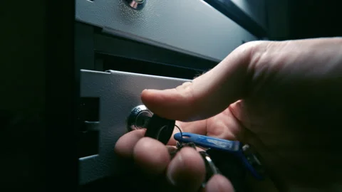 Man Hand Unlocking Mailbox with Key Close Up | Person Opening Metal Post Box Video stock 341902954