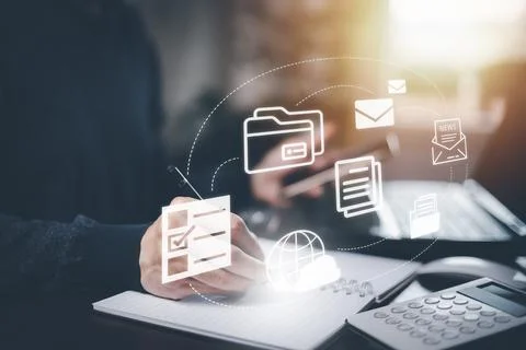 Man Hand of unrecognizable man using interactive electronic documents interfa Stock Photos