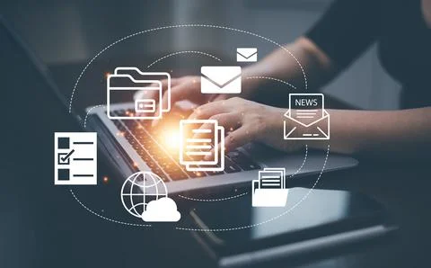 Man Hand of unrecognizable man using interactive electronic documents interfa Stock Photos