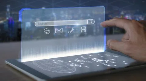 Man hand use finger touch virtual digital screen search bar connect to social Stock Photos