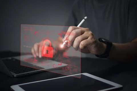 Man hand use virtual screen. Cybersecurity technology concept. Hacker attac.. 스톡 사진
