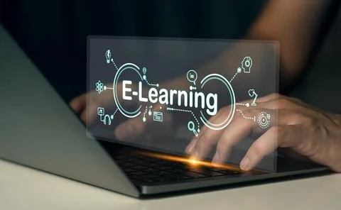 Man hand using laptop computer online education training study knowledge. E.. Stock Photos