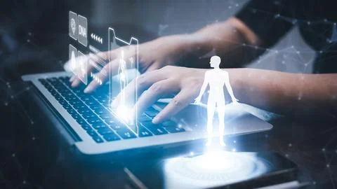 Man hand using laptop search DNA Human graph and biochemical research scienti Stock Photos
