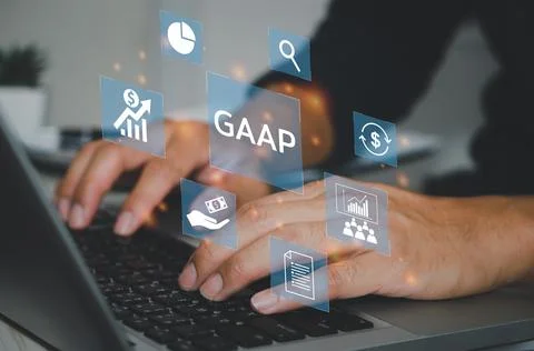 Man hand using laptop virtual screen GAAP Generally Accepted Accounting Princ Stock Photos