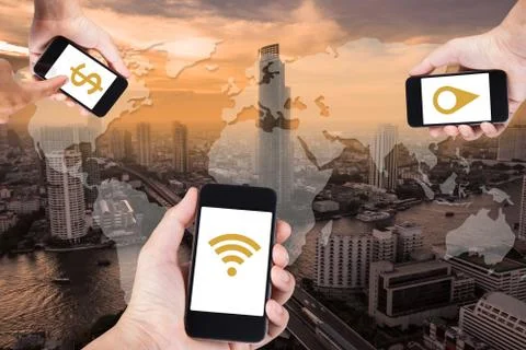 Man hand using smartphone searching data everything by wifi on top view citys 写真素材