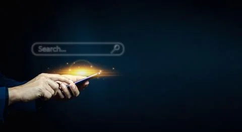 Man hand using smartphone to use search engine optimization (SEO) tools for.. Stock Photos