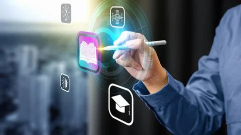 A man hand using a stylus to interact with a futuristic holographic digital.. Stock Photos