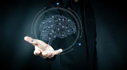 Man hand in white shirt holding glowing brain hologram over geometric backgro Stock Photos