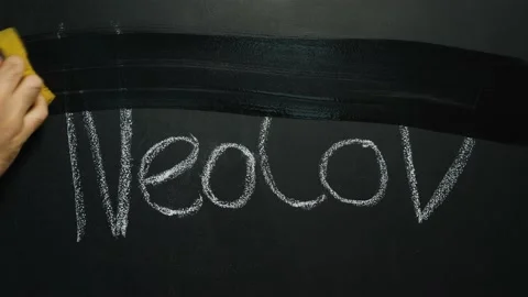 A man hand wipes off with wet sponge word NeoCoV written in chalk on blackboard Stock Footage