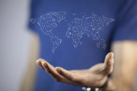 Man hand world map Stock Photos
