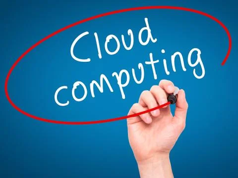 Man Hand writing Cloud computing with black marker on visual screen Foto stock
