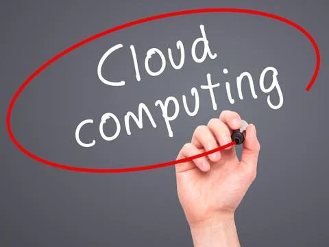 Man Hand writing Cloud computing with black marker on visual screen Foto stock