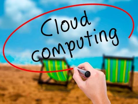 Man Hand writing Cloud computing with black marker on visual scr Stock Photos