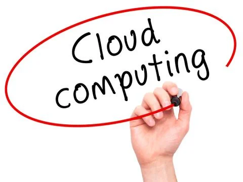 Man Hand writing Cloud computing with black marker on visual scr Foto stock