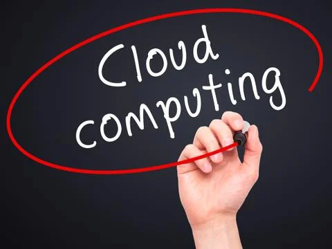 Man Hand writing Cloud computing with black marker on visual scr Stockfoto's