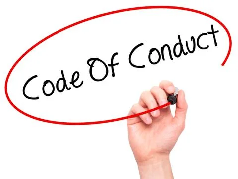 Man Hand writing Code Of Conduct with black marker on visual screen Foto stock