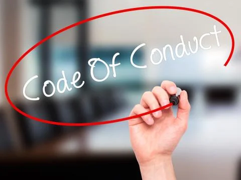 Man Hand writing Code Of Conduct with black marker on visual screen Foto stock