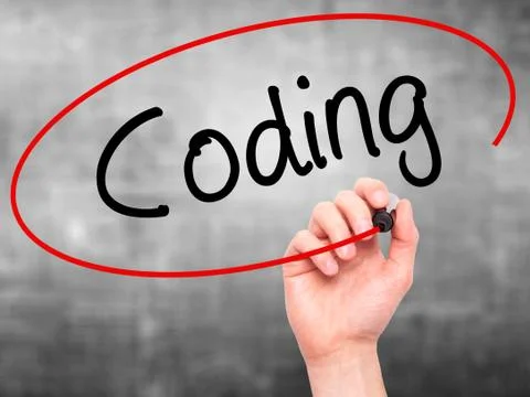 Man Hand writing Coding with black marker on visual screen Stock-Fotos