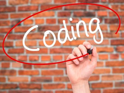 Man Hand writing Coding with black marker on visual screen Stock-Fotos