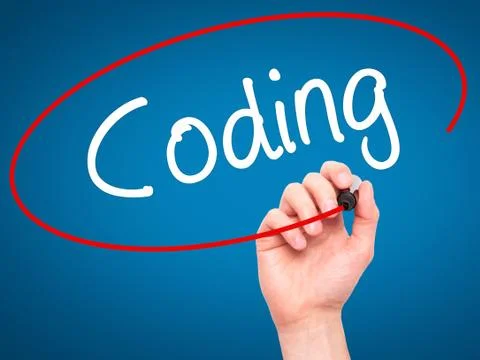 Man Hand writing Coding with black marker on visual screen Stock-Fotos