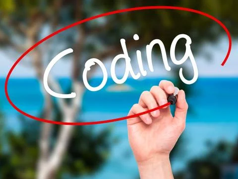 Man Hand writing Coding with black marker on visual screen 스톡 사진