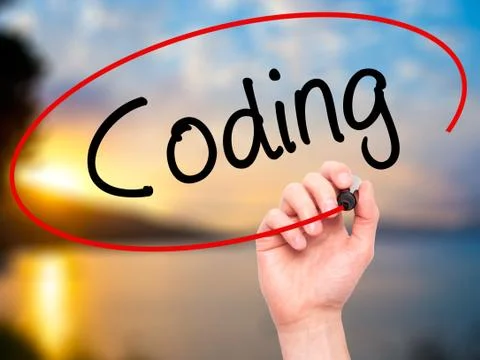 Man Hand writing Coding with black marker on visual screen Stock-Fotos