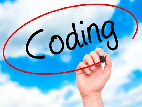 Man Hand writing Coding with black marker on visual screen Stock-Fotos