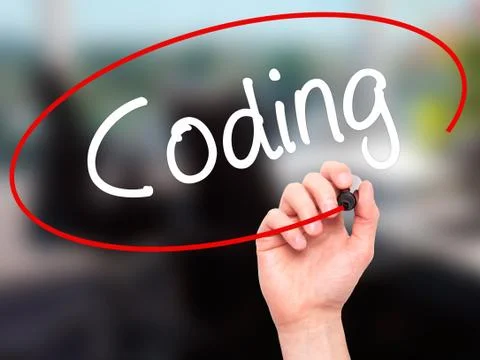 Man Hand writing Coding with black marker on visual screen Stock-Fotos