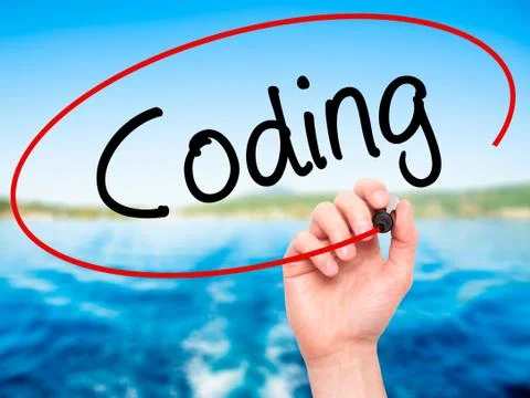 Man Hand writing Coding with black marker on visual screen Stock-Fotos