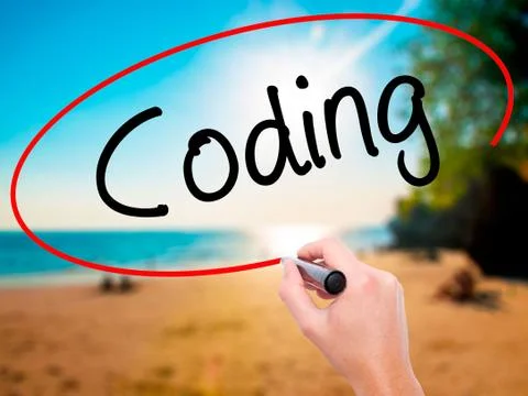 Man Hand writing Coding with black marker on visual screen Stock-Fotos