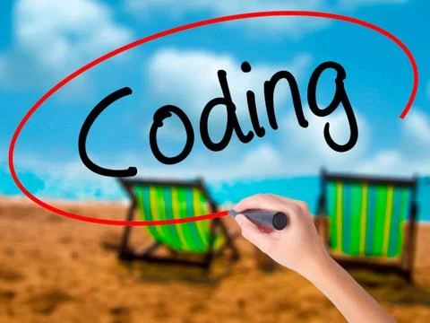 Man Hand writing Coding with black marker on visual screen 写真素材