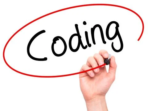 Man Hand writing Coding with black marker on visual screen Foto stock
