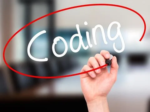 Man Hand writing Coding with black marker on visual screen Stock-Fotos