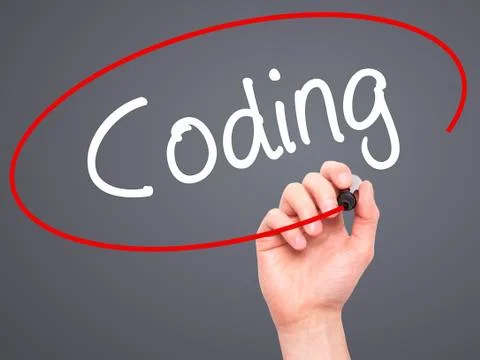 Man Hand writing Coding with black marker on visual screen Stock-Fotos