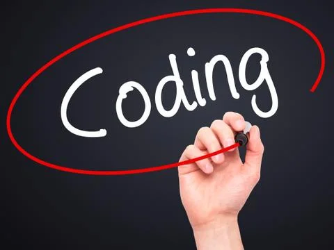 Man Hand writing Coding with black marker on visual screen Foto stock