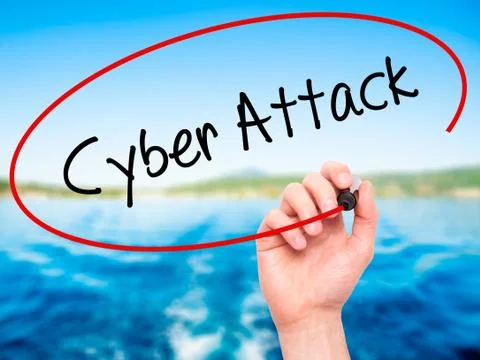 Man Hand writing Cyber Attack with black marker on visual screen Stock Photos