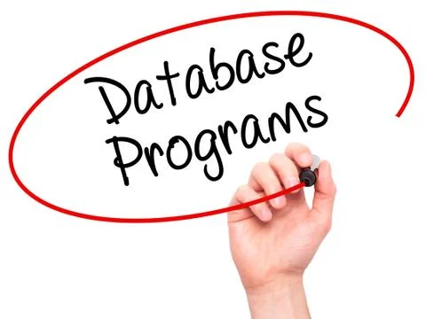 Man Hand writing Database Programs with black marker on visual screen. Foto stock