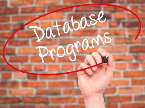 Man Hand writing Database Programs with black marker on visual screen. Foto stock