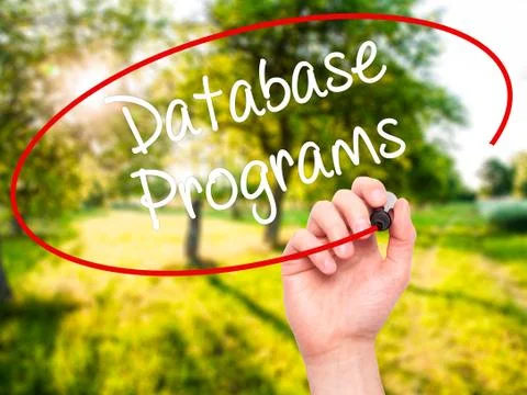 Man Hand writing Database Programs with black marker on visual screen. Foto stock