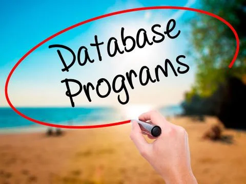 Man Hand writing Database Programs with black marker on visual s Foto stock