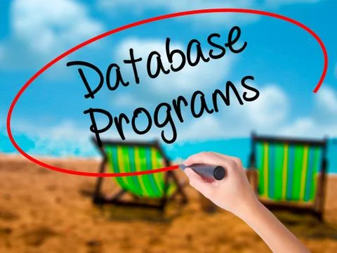 Man Hand writing Database Programs with black marker on visual s Foto stock