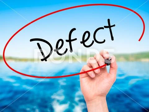 Man Hand writing Defect with black marker on visual screen Stock Photos